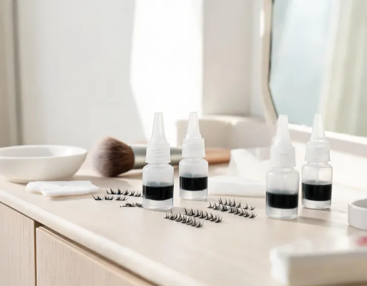 lash glue for clusters on a cosmetics bench, illustration only